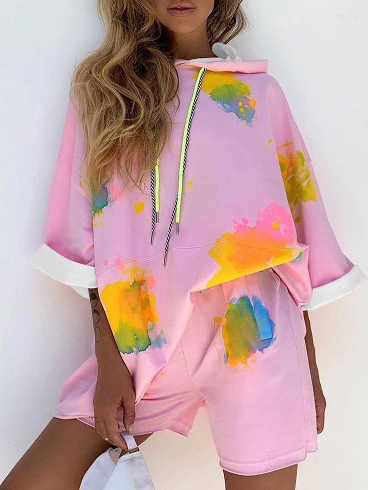 

Women' Tracksuits Ink Splash Print Colorblock Hooded Top & Shorts Set Casual Women Two Piece, Pink