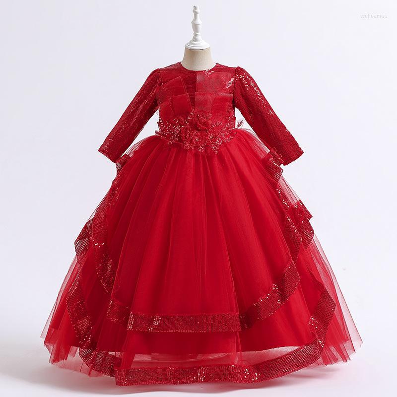 

Girl Dresses Elegant Ball Gown Fower 2023 Sequins Long Sleeves Princess Weddings First Communion Dress Pageant Gowns, Xh1015-dark blue