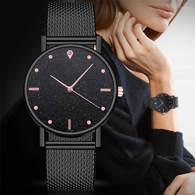 

Wristwatches Black Women Watches Starry Sky Mesh Silicone Strap Woman Fashion Quartz Wristwatch Drop Ladies Clock Sale Simple Relogio, Silver
