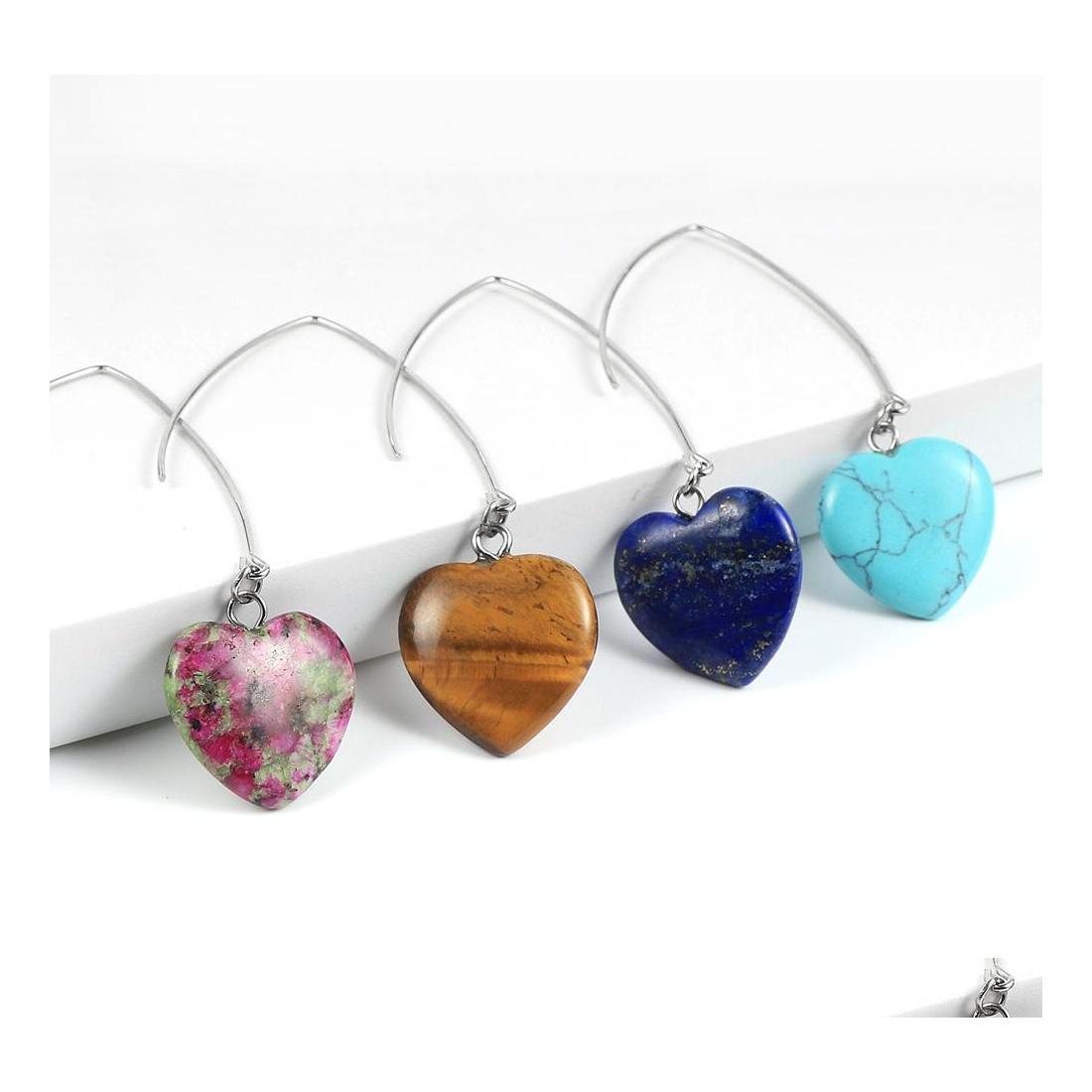 

Charm Heart Turquoises Rose Crystal Quartz Tiger Eye Opal Stone Charms Dangling Earrings Amethysts Hanging Earring Fashion Women Jew Dhidn
