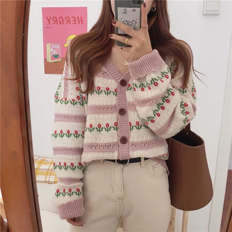 

Women's Knits Vintage Crochet Autumn Knitted Sweater Women V-Neck Single Breasted Jumpers Long Sleeve Korean Cardigans Floral Elegant, Black