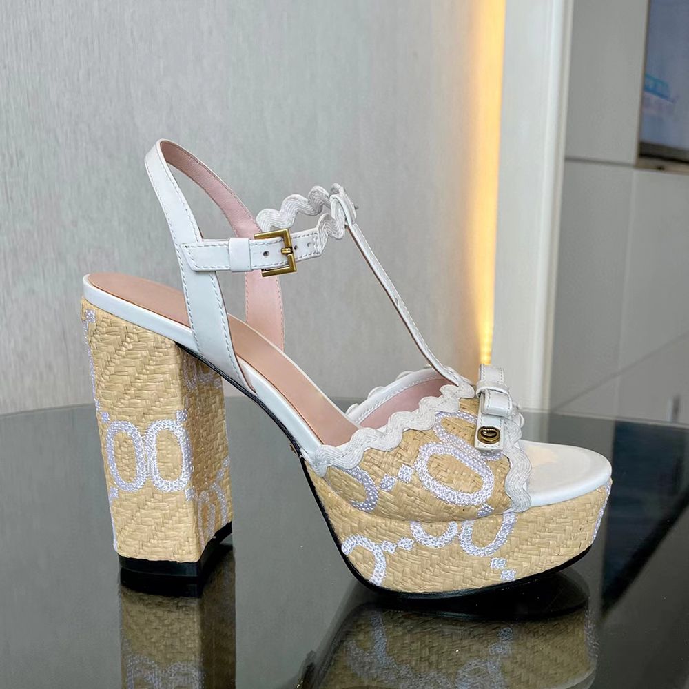 

Lafite weaving sandals dress shoes Embroidery Embellished Ankle strap platform Pumps chunky high Heels sandal12CM high Heeled women sandal, Blue