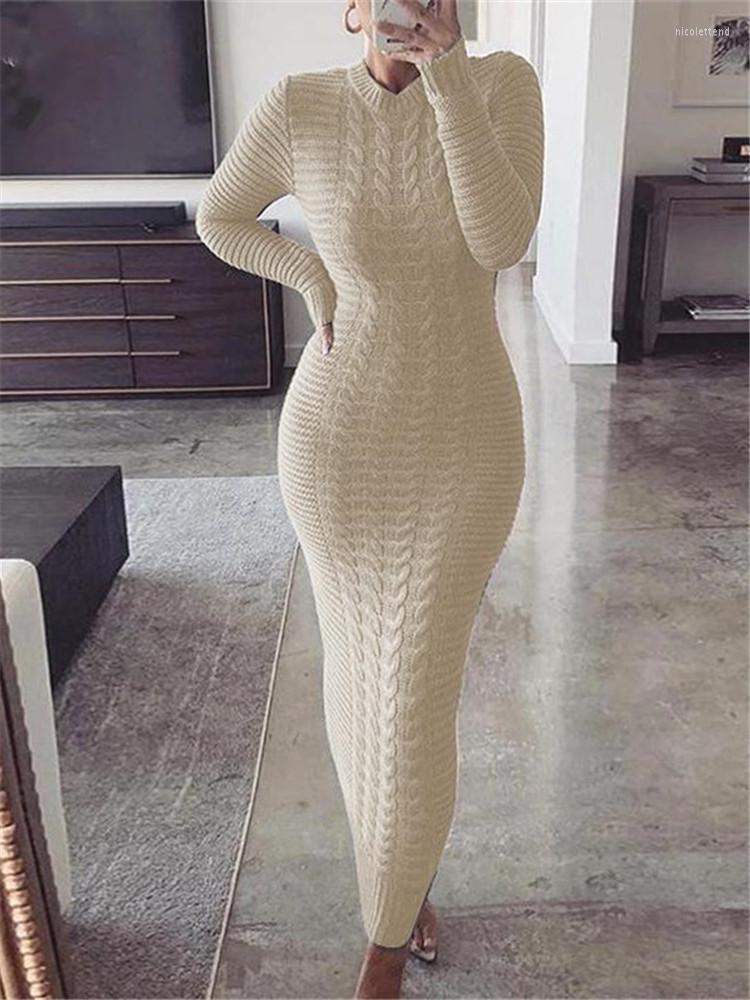 

Casual Dresses Hirigin Women' Cable Knit Long Sweater Dress Crewneck Sleeve Solid Ribbed Bodycon Pullover Midi Jumper, Beige