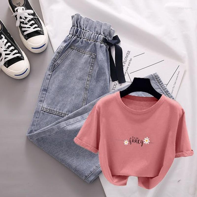 

Women' Two Piece Pants Summer Style Short-sleeved Round Neck Blouse High Waist Elastic Jeans Two-piece Fashion Suit Women, Two-piece suit