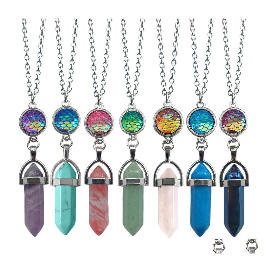 

Pendant Necklaces 12Mm Drusy Mermaid Fish Scale Charms Hexagon Prism Natural Stone Necklace With Stainless Steel Chains Women Jewelr Dhrpe