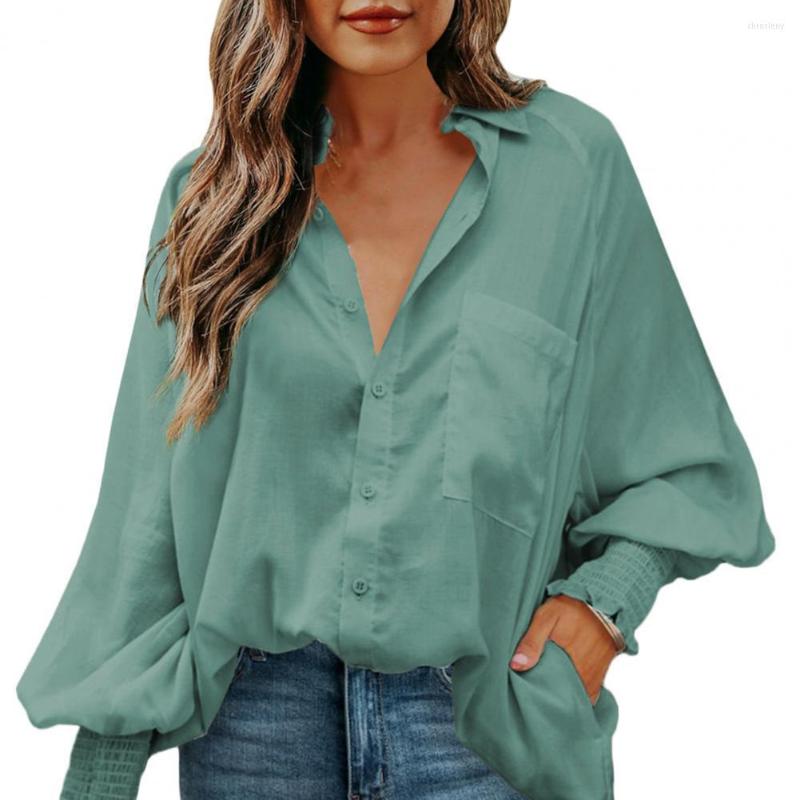 

Women' Blouses Casual Women Shirt Solid Color Lantern Sleeves Pleats Cuff Elegant Relaxed Fit Single-breasted Blouse Tops 2023 Streetwear, Green
