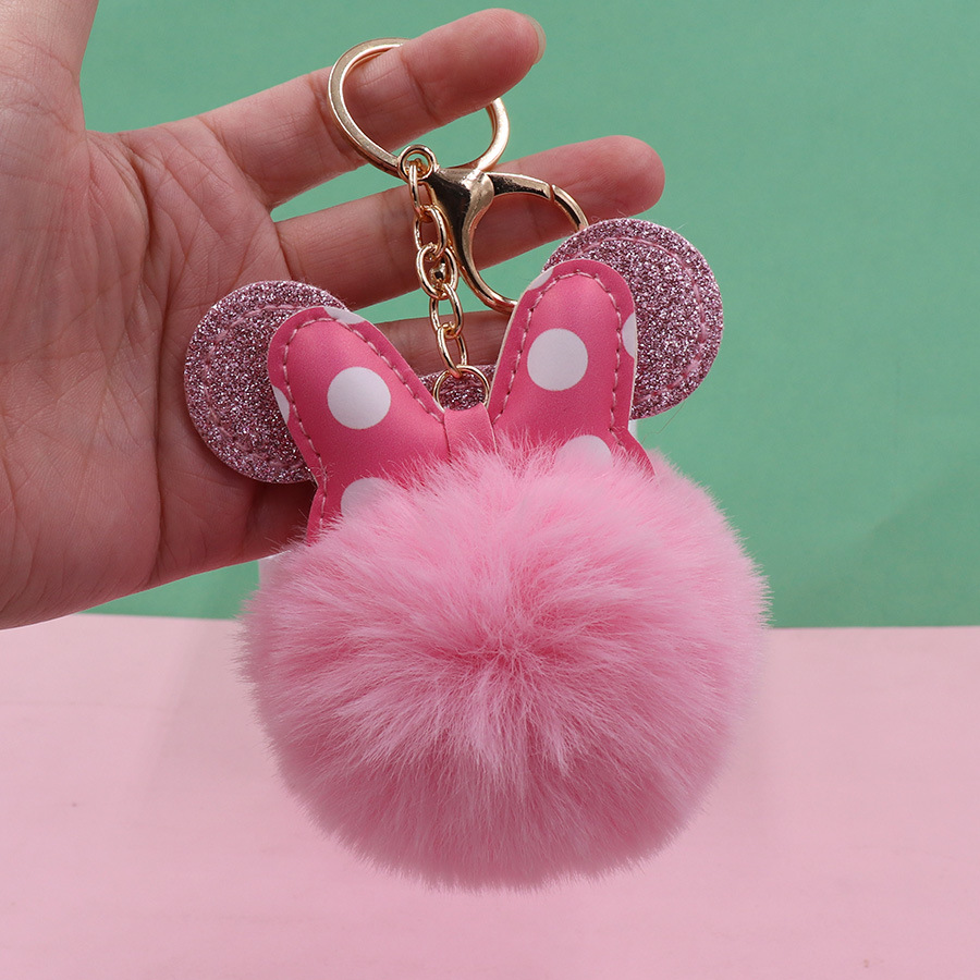 

Cute Pompom Key Chains Jewelry Accessories Polka Dot Bow Mouse Design Fluffy Faux Rabbit Fur Ball Keychains Women Girls Car School Bag Key Rings Charm Keyrings Gifts