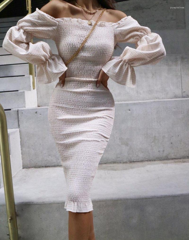 

Casual Dresses 2023 Women' Full Stretch Pencil Dress Slash Neck Sexy Solid Midi Petal Sleeve Vintage Style Vestidos Femme Slim, Pale pink