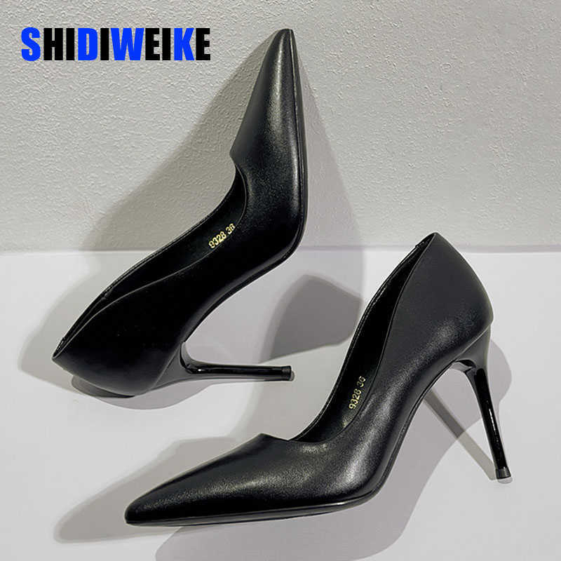 

Leather High Heels Women Stiletto Pump Single Shoes Professional Ol Work Pointed Toe Sexy Party Black Wedding Shoe 5 7 9cm 0220, Black 10.5cm