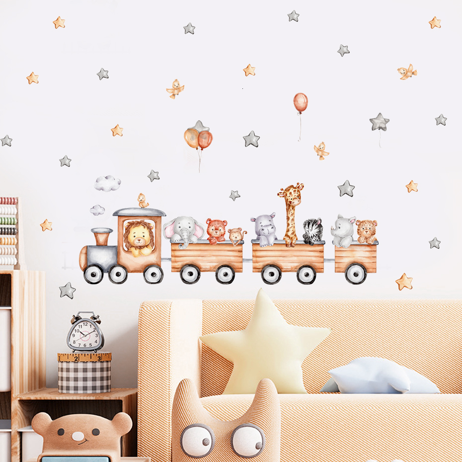 

Wall Decor Cartoon Train With Jungle Animals Stickers Children Nursery Vinyl Decal Mural Kids Baby Room Interior Home 230220