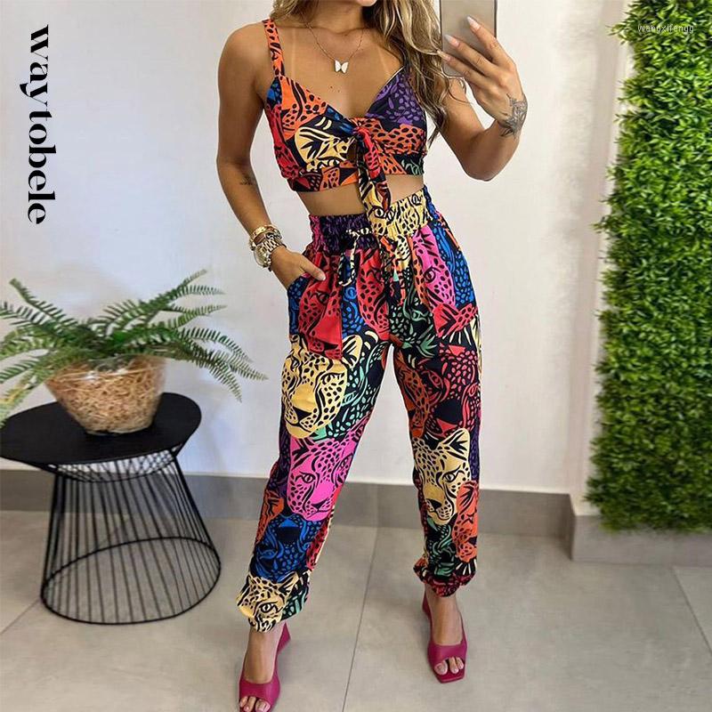 

Women's Two Piece Pants Waytobele Women Set Summer Casual Sleeveless V Neck Print Top Loose Stretch Straight Sets High Streetwear, Picture color
