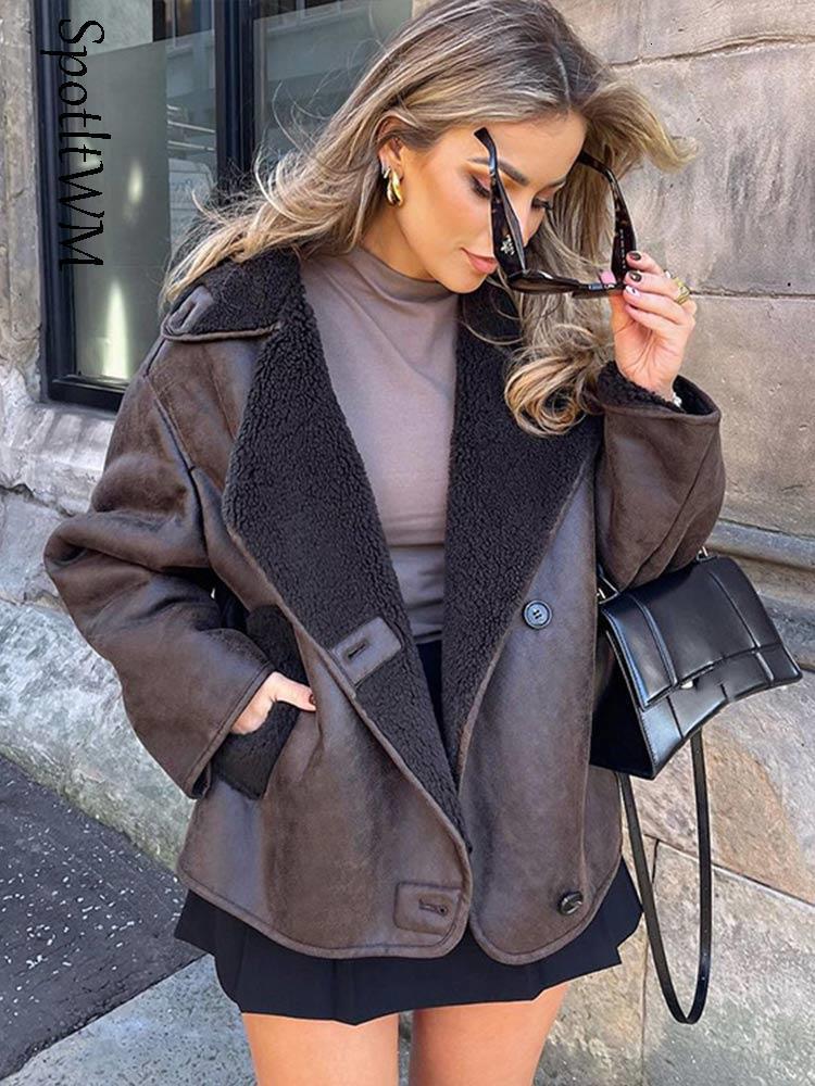 

Women s Blouses Shirts Winter Women Lamb Wool Thickened Jacket Vintage Turn Down Collar Leather Outwear Single Breasted Pockets Streetwear Warm Jackets 230220, Beige