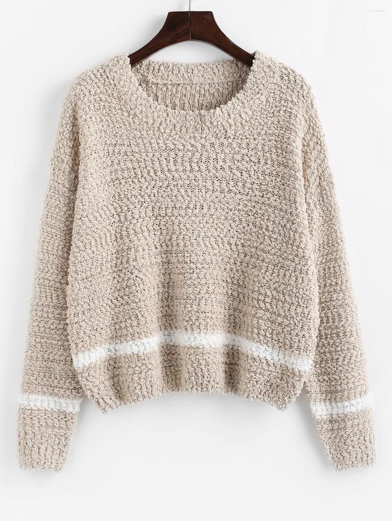 

Women' Sweaters ZAFUL Contrast Trim Textured Boucle Knit Sweater Women Drop Shoulder Round Neck Pullover Spring Autumn Long Sleeve Jumper, Light coffee