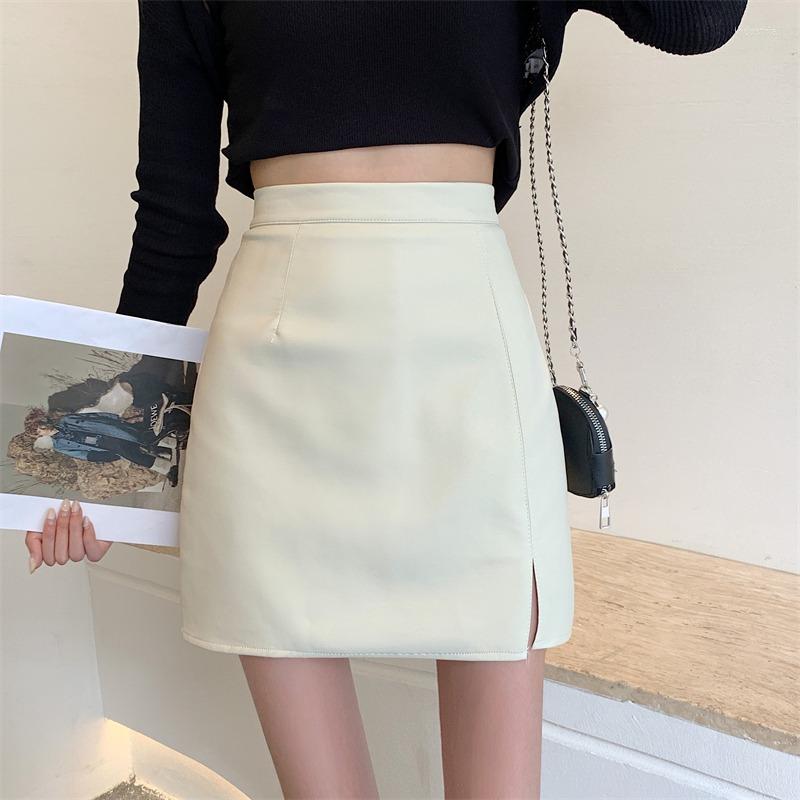 

Skirts Winter 2023 Black Leather Skirt Women' Split Anti Bare Half High Waist Spice Girl Hip Wrap One-step, See chart