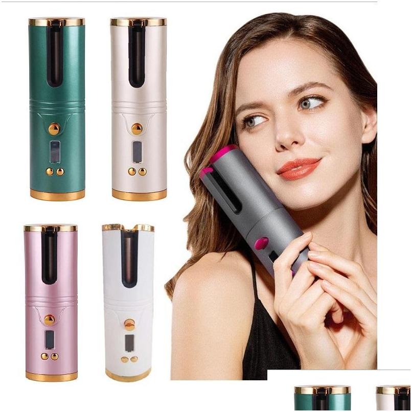 

Curling Irons Wireless Matic Hair Curler Portable Usb Rechargeable Rotating Iron Women Girl Lcd Display Curly Hine Styling Tool Drop Dhpal