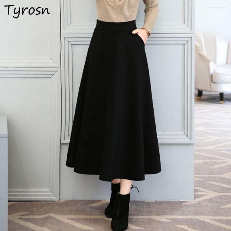 

Skirts Women Solid All-match Temperament Pockets A-line Long Skirt Empire Stylish Gentle Faldas Mujer Korean Style Arrival, Black-regular