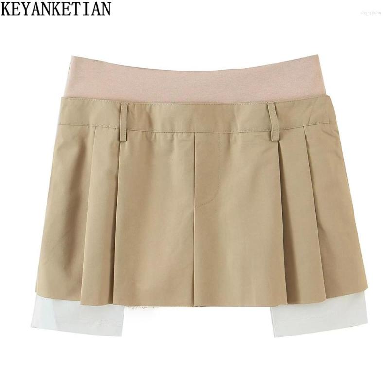 

Skirts KEYANKETIAN Women' Stitching Design Low Waist Skirt High Street Style Spice Girl With Lined Miniskirt Bag Bumini, Khaki