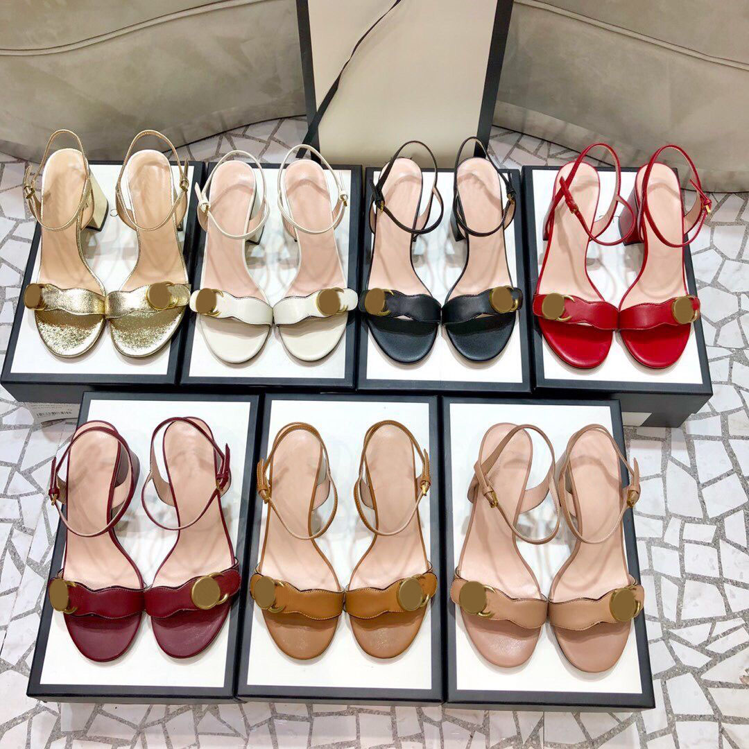 

Women's High Heels Sandals Double-G-letter Open Toe Thick Heel 2023 Summer Genuine Leather Designer Large Size Fashion Formal Wear Elegant Temperament Office Shoes, Red