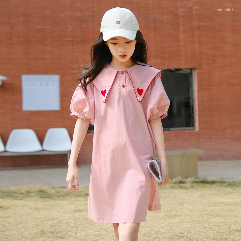 

Girl Dresses Summer Kids Teenagers Big Turn Down Dress Pink Middle-aged Children's Casual Western-style Sweet Shirt Skirt