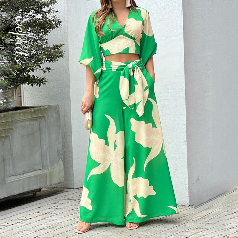 

Womens Two Piece Pants Wefads Women Two Piece Set Fashion V Neck Long Lantern Sleeve Print Loose Wide Legs Pants With Pockets Sets High Streetwear 230220, Green