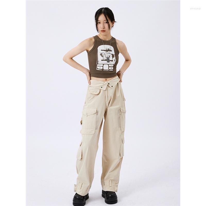 

Women' Pants Autumn Bottoms Women High Waist Straight Baggy Apricot Overalls Hip Hop Style Multiple Pockets Vintage Wide Leg Trouser