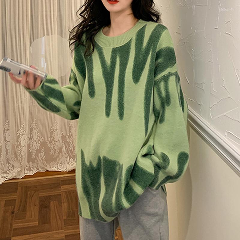 

Women's Sweaters Green Striped Print Oversized Sweater Women 2023 Autumn Winter O-Neck Loose Long Streetwear Warm Pullover Outerwear, Pink