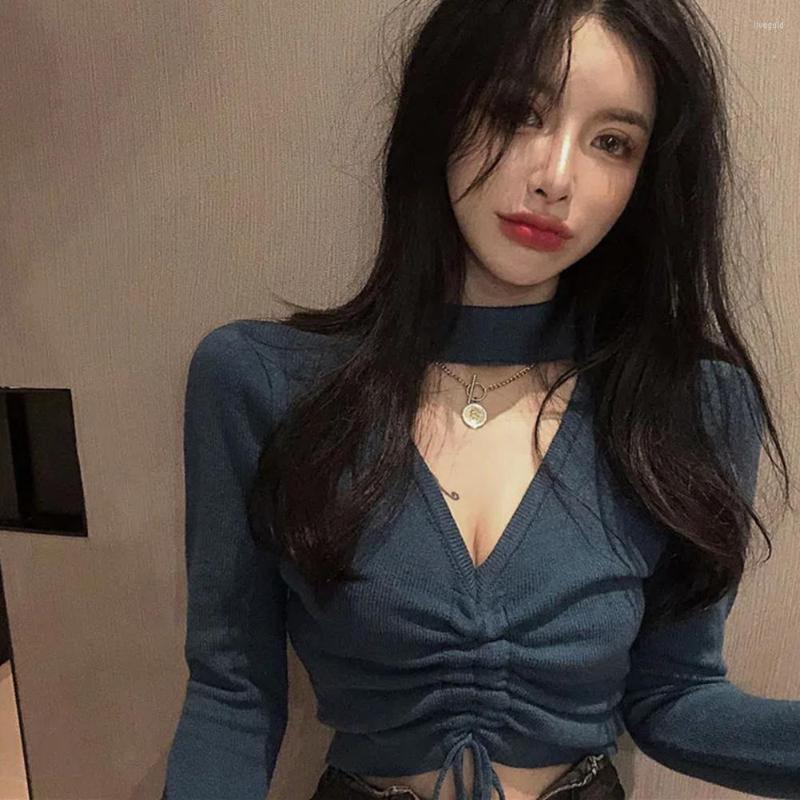 

Women's Blouses Halter V Neck Long Sleeve Drawstring Cropped Knit Top Lady Spring Autumn Solid Color Navel Exposed Pullover Sweater, Black
