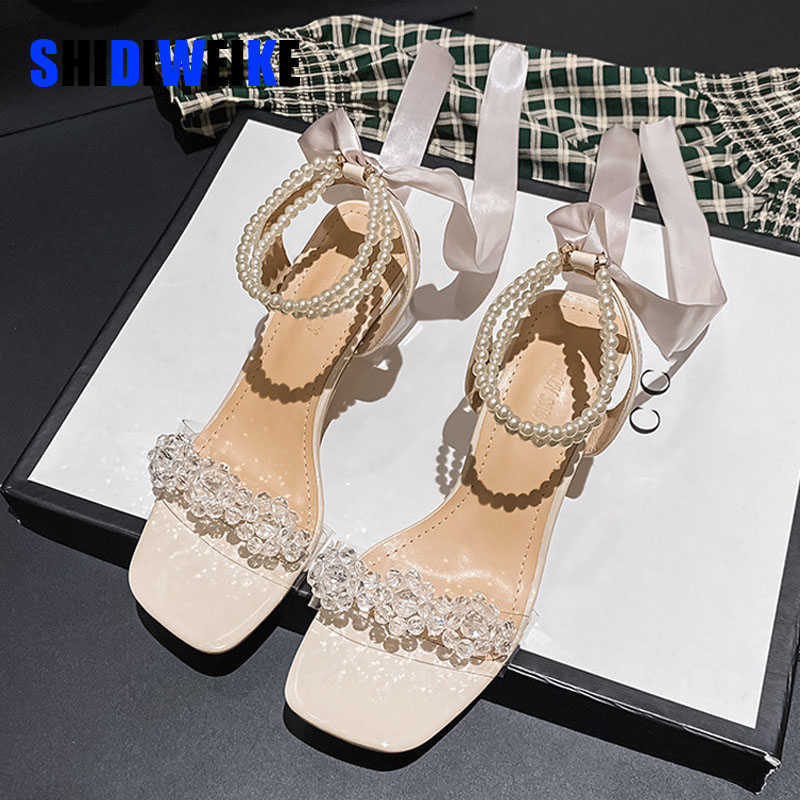 

Women's Sandals High-heeled Shoes Summer Dress Pearl beading Rhinestones Square heel Silk Strap Ladies Pumps AD2964 0220, Silver 7cm
