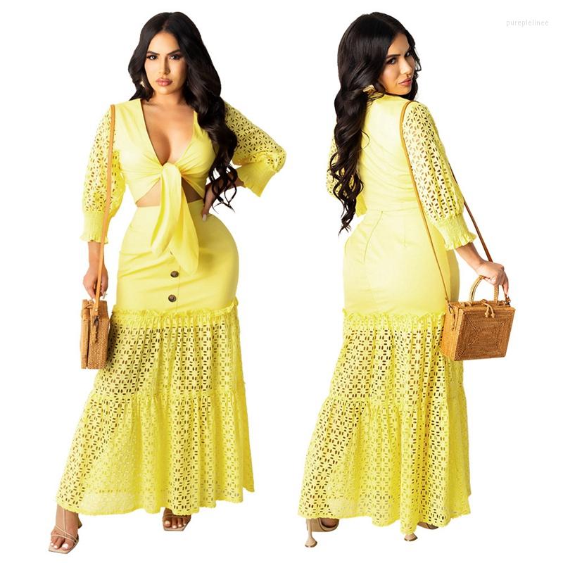 

Work Dresses Yellow Two Piece Dress Set Long Sleeve Deep V Neck Tie Front Crop Top And Sexy Hollow Out Maxi Skirts Fashion Matching
