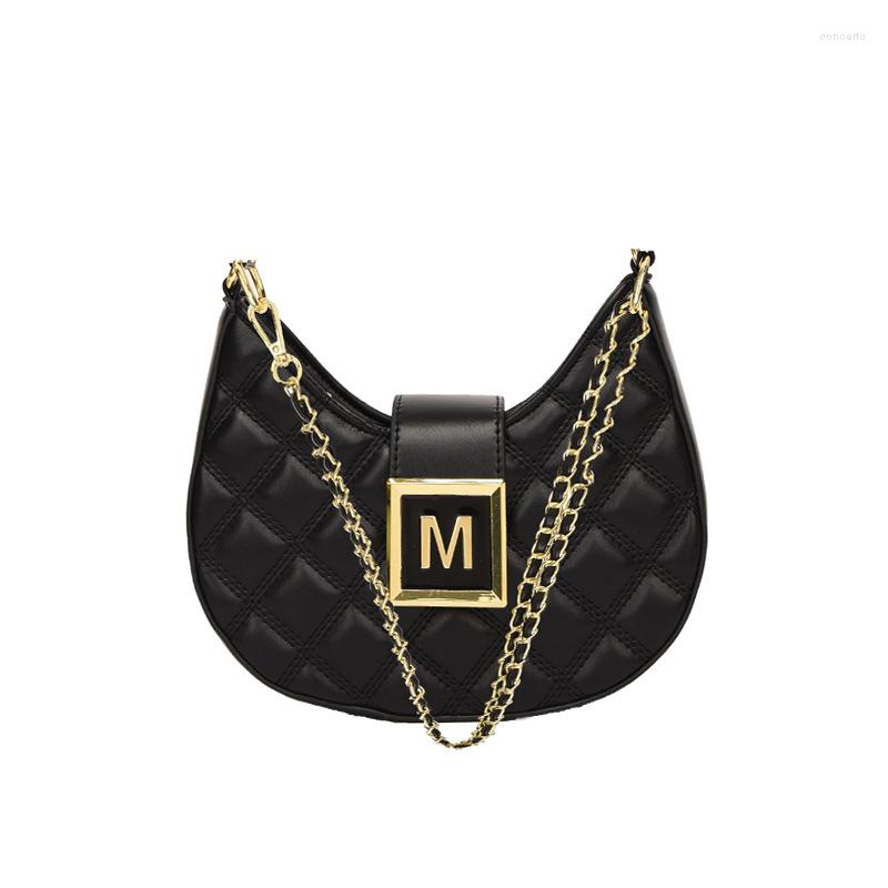 

Shoulder Bags Women Westernstyle Fashion Rhombic Lattice Embroidered Single Underarm Bag Letter Chain Crossbody, Black