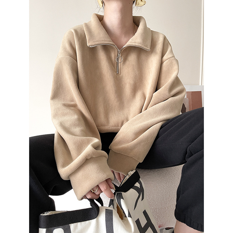 

Women's Hoodies & Sweatshirts Casual Half-Zipper Turtleneck Pullover Sweater Plus Velvet Fall/Winter 2023Women's, Beige