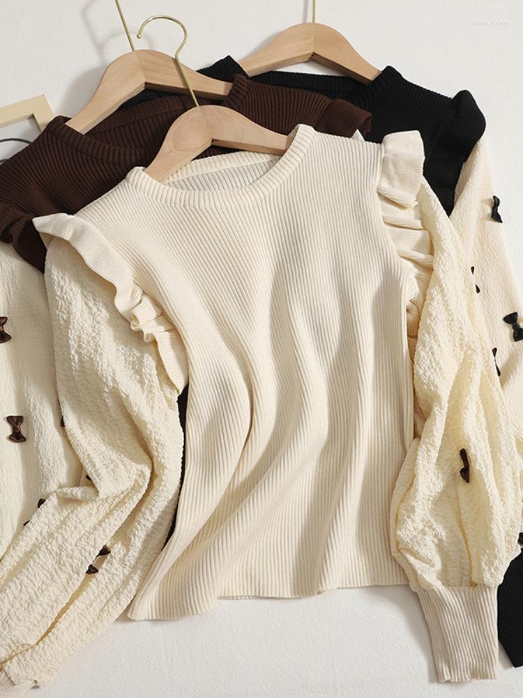 

Women's Sweaters Autumn Women Sweet Knitted Pullovers Stitching Urban Ladies Casual Long Sleeves Scalloped Loose Sweater Out Knitwear, Black
