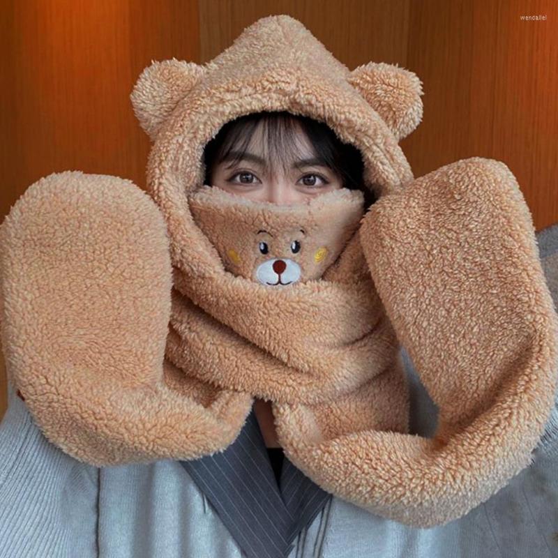 

Berets Chic Protect Hands Winter Scarf Hat Cold Resistant Cap Face Cover Bear Hand Warmer For Skiing, White