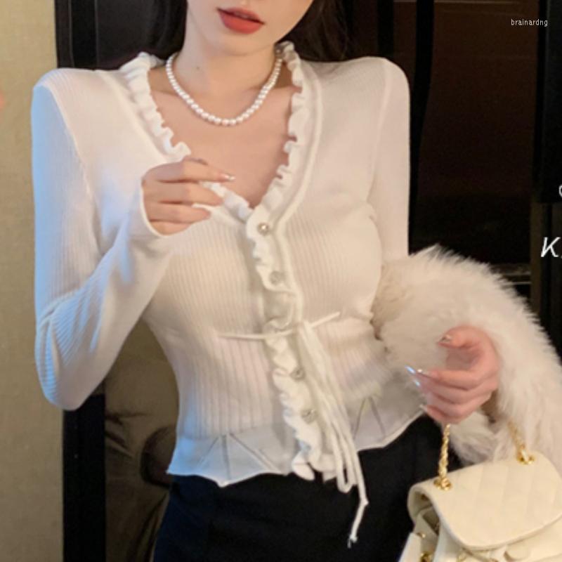 

Women's Knits Kawaii Woman Sweaters Knitted Cardigan 2023 Winter Korean Fashion Cute Pearl Buttons Long Sleeve White Sweater Tops, Black
