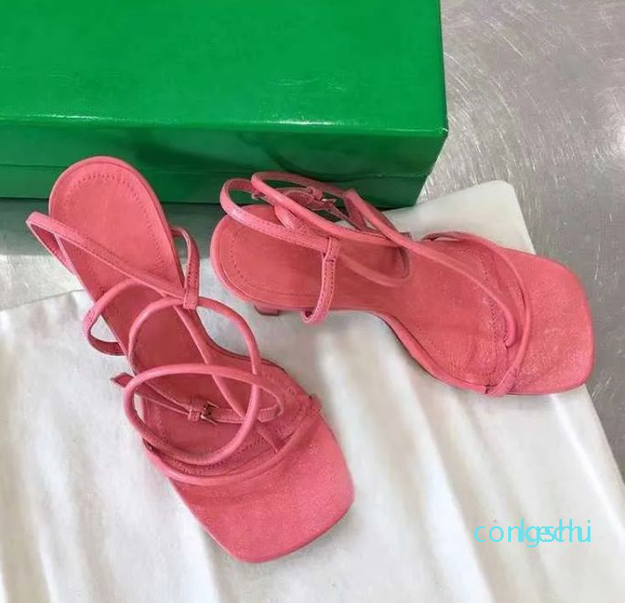 

French one line sandals women's 2023 design spring new style square head open toe high heels thin heel sexy bandage ROMAN SANDALS, White 7 cm