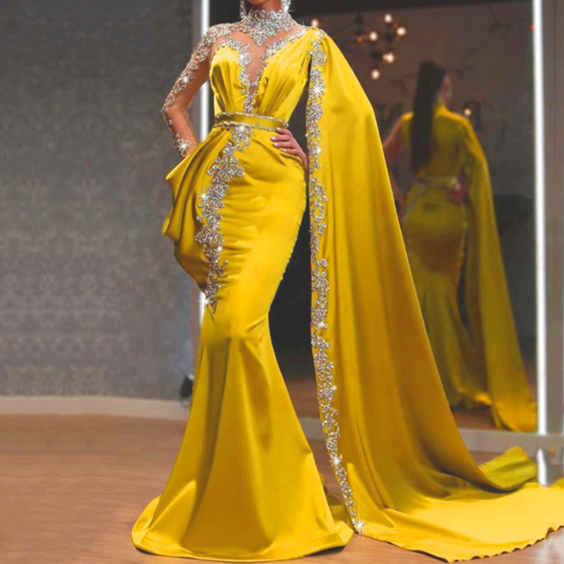 

Party Dresses BridalAffair High Quality Yellow Prom Dress One Shoulder Appliques Slit Tulle Plus Size Women Long Formal Party Evening Gowns 220923