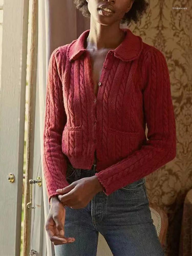 

Women' Knits 2023 Early Autumn Women Turn-Down Collar Single Breasted With Pockets Hollow Out Solid Simple Casual Knit Cardigan Sweater, Ivory white