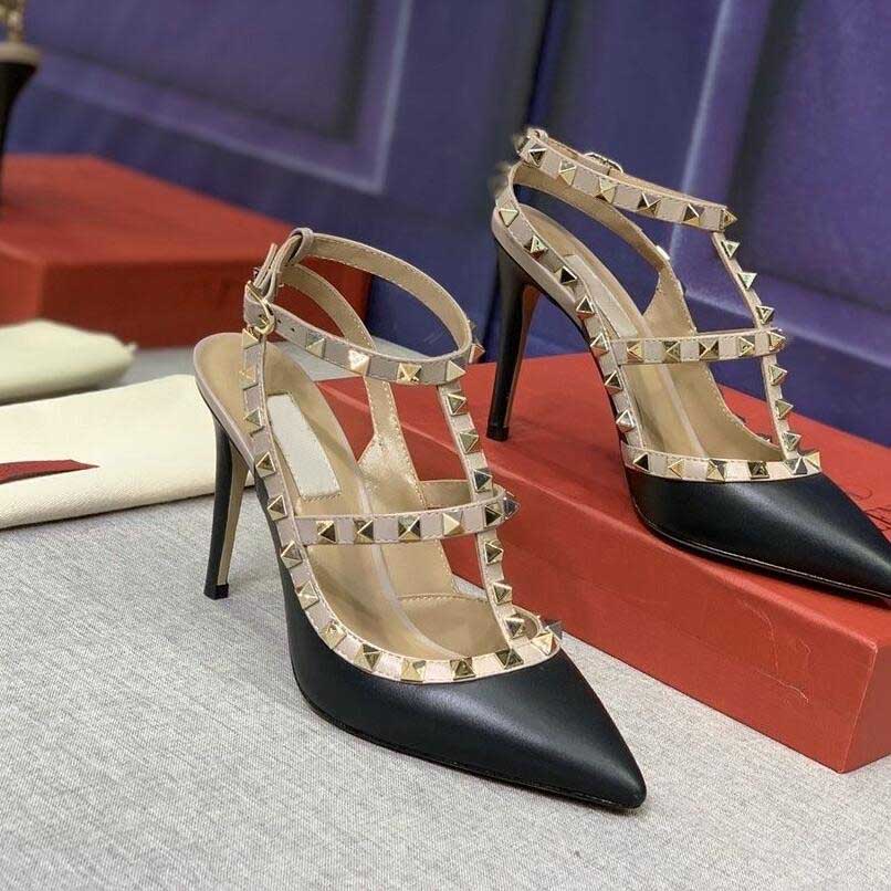 

Classics V Women Sandals Rivets High Heel Shoes Genuine Leather Thin Heels 6cm 8cm 10cm Nude Black Red Pointed Wedding Shoes Without Box 34-44, All black shiny