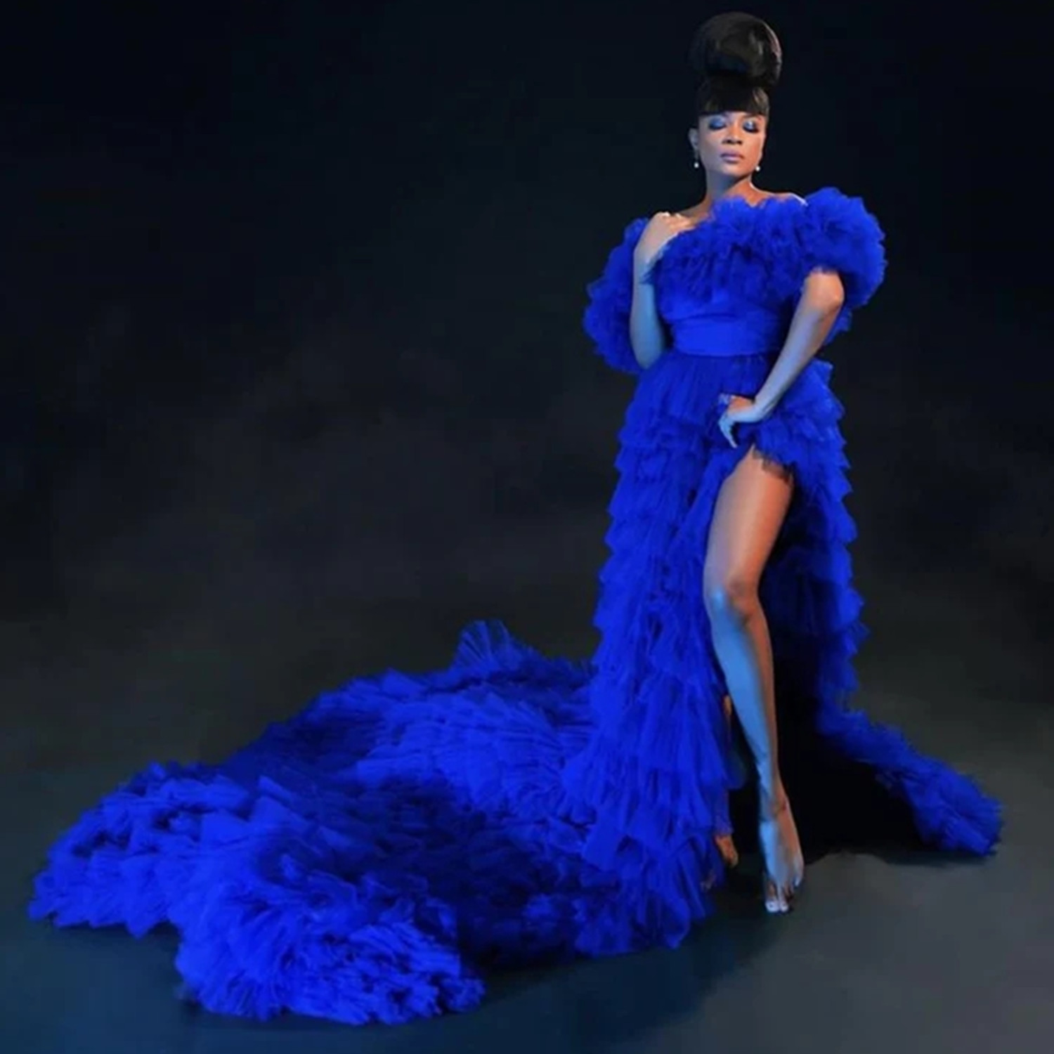 

Royle Blue Feather Prom Dresses A-Line Off the Shoulder Evening Gowns Side Split Prom Dress, Red