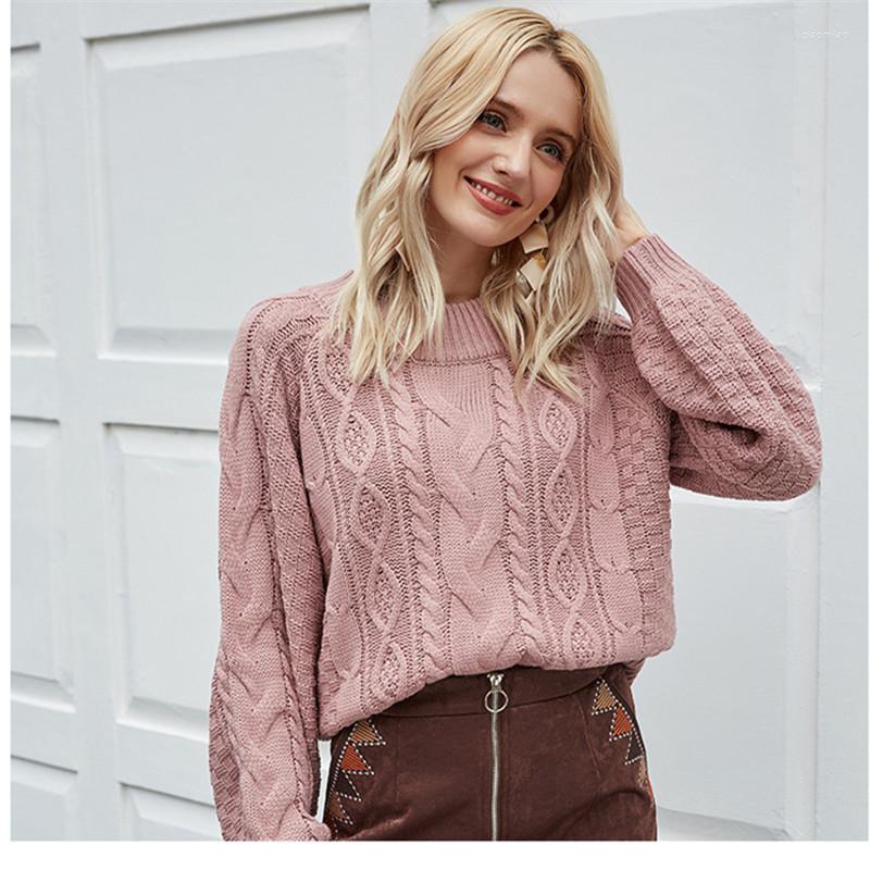 

Women's Sweaters Rushed Real Cotton Sale 2023 Round Neck Pullover Ladies Sweater Cable Flower Long Sleeve Loose, Pink