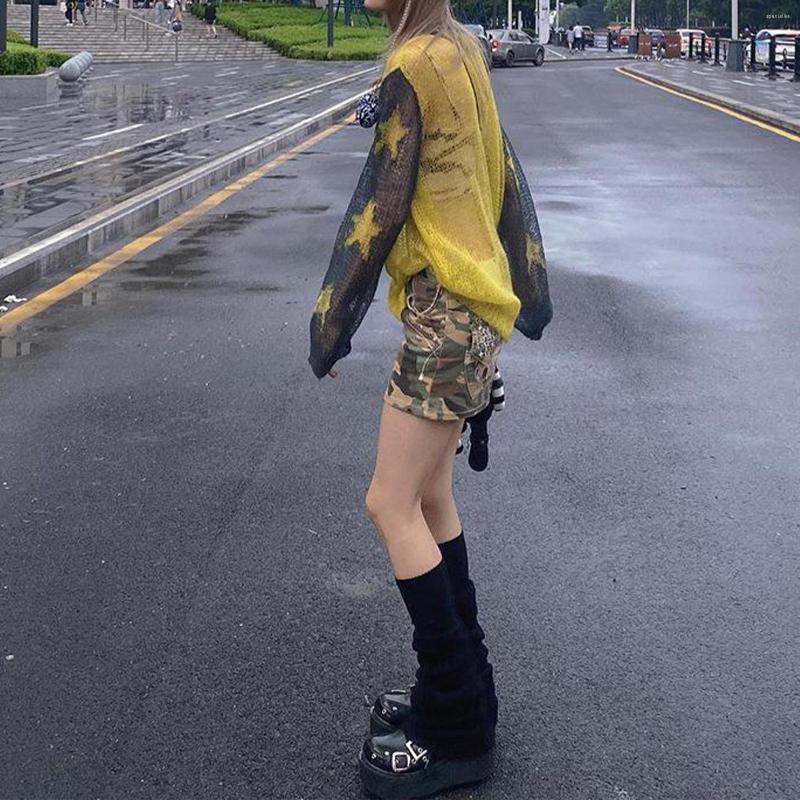

Women's Sweaters Five Pointed Star Female Sweater Casual Loose Smock Patchwork Fashion Long Sleeve Round Neck Transparent Sexy Simple For, Yellow