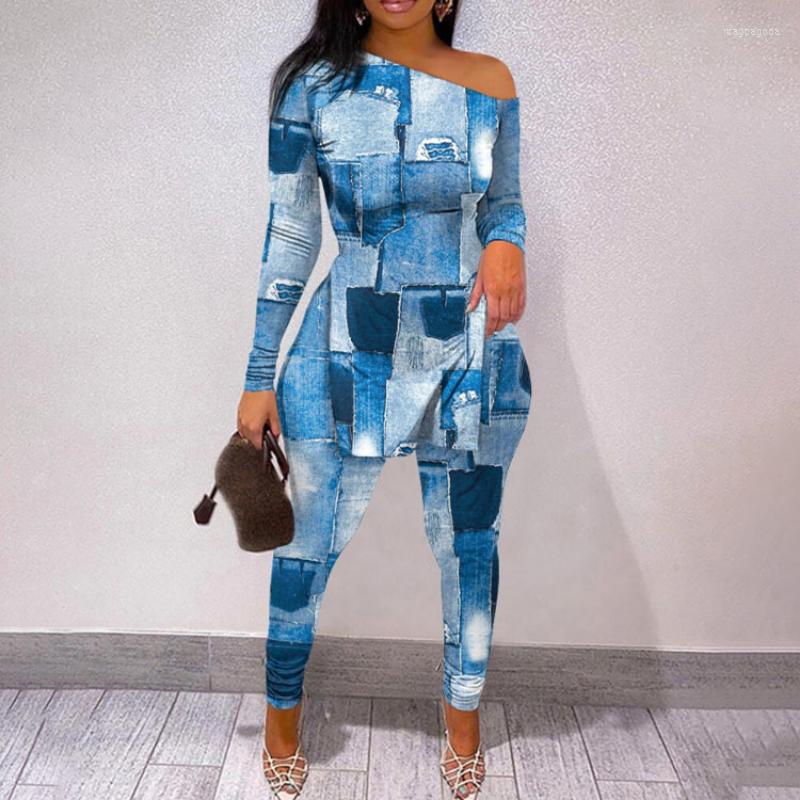 

Women' Two Piece Pants Women Sets Clothes 2023 Denim Look Print Split Hem Skew Collar Long Sleeve Top & Set, A1