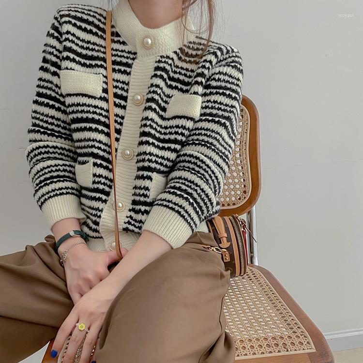 

Women's Knits Retro Small Fragrant Wind Stripe Knitted Cardigans Female Coat Sweaters Loose Long Sleeve Pullovers Office Lady Commute, Black