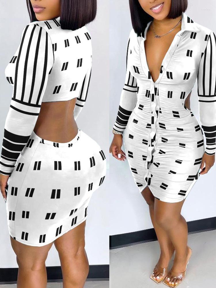 

Casual Dresses Geo Print Cutout Back Ruched Shirt Dress, White