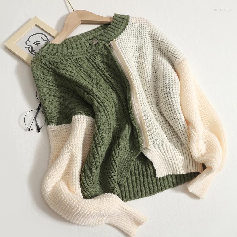 

Women's Knits Hikigawa Chic Fashion Women Vintage Contrast Color Autumn Sweater Coat Streetwear Twist Knitted Cargidan Loose Zipper Top, Green