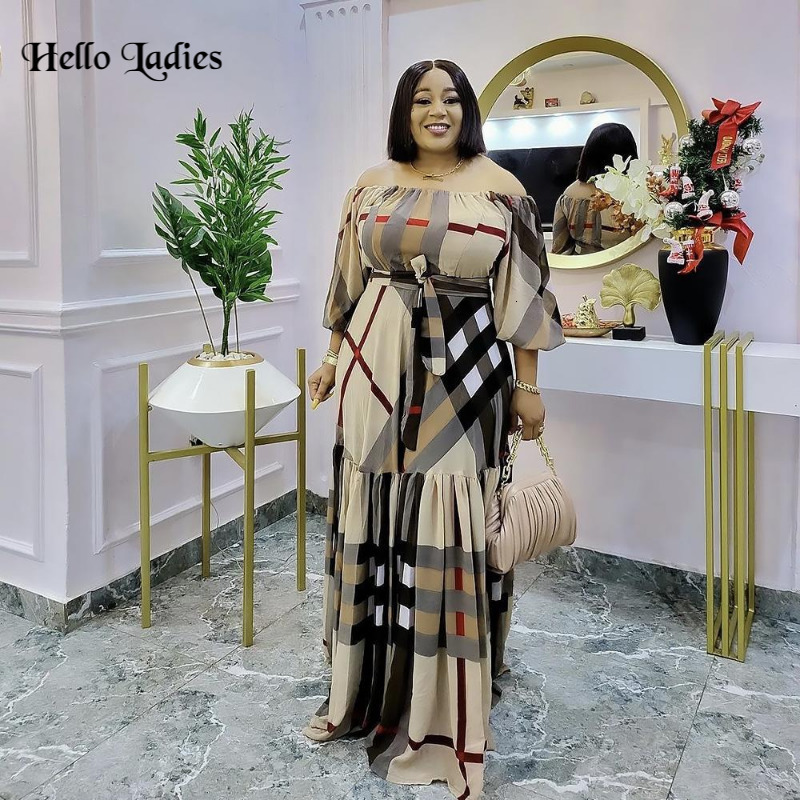 

Plus size Dresses HL Plus Size African Dresses for Women Muslim Check Pattern Square Neck Boubou Robe Traditional Maxi Clothes Nigerian Long Dress 230220, Beige