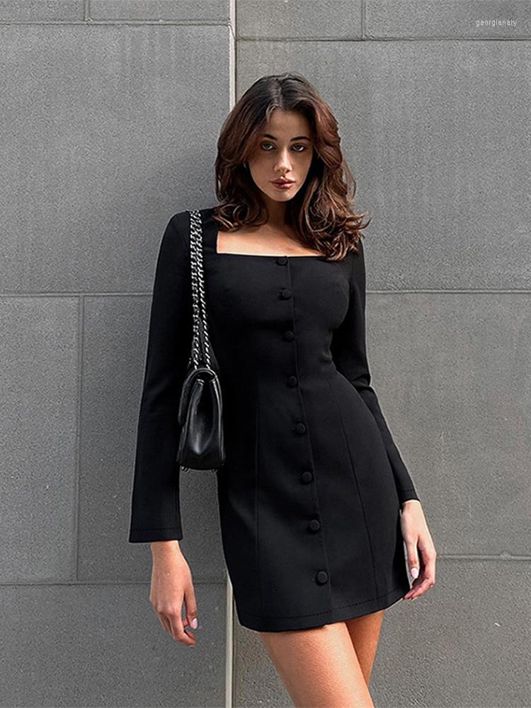 

Casual Dresses Woman Black Square Collar Mini Dress Sexy Fashion Long Sleeve Bodycon Party 2023 Female Elegant Commute Evening Robe