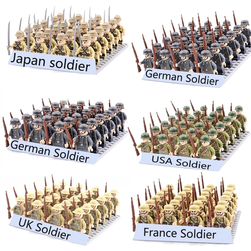 

Blocks 24pcs WW2 Military Army Soldier Soviet US UK German France Building Set Model Bricks Action Figures Weapon Toys Kids Gift 230217