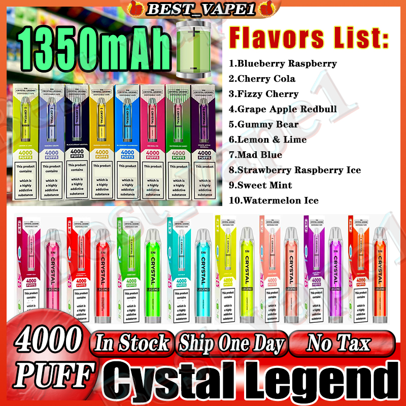 

Crystal Bar Legend Puff 4000 Disposable 2% E cigarettes 1350mAh Battery Capacity 12ml With 4000 Puffs Extra Vape Pen 100% Quality Vapors Kit 12 Flavors Availble