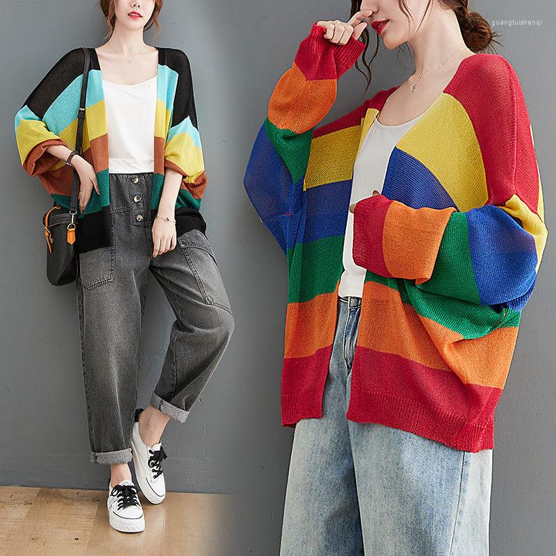 

Women's Knits Striped Sweater Women's Autumn 2023 Large Size Loose Outer Wear Long Sleeve Cardigan Jacket Knitted Casual Coat M310, Black blue